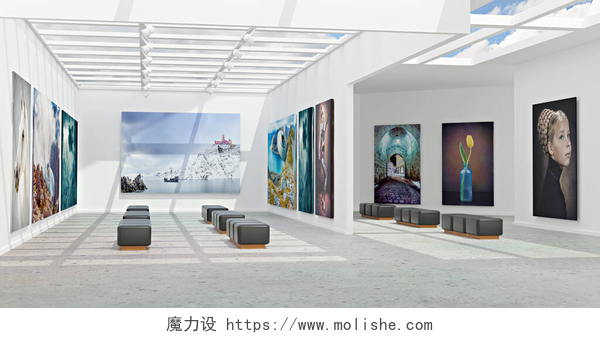 画廊室内全景图一个带有画布和抽象图案的艺术馆，3D插图
